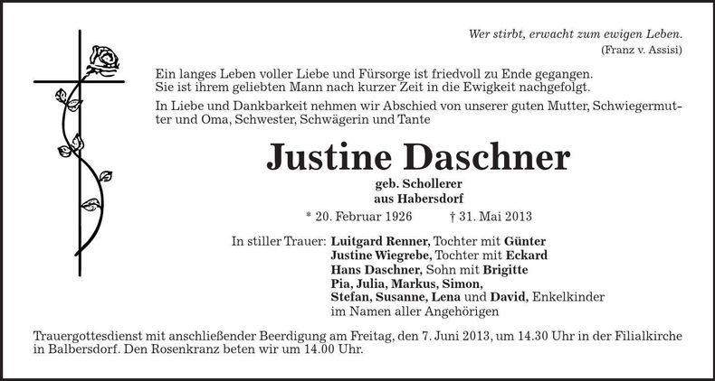 Traueranzeige Justine Daschner