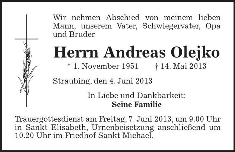 Traueranzeige Andreas Olejko