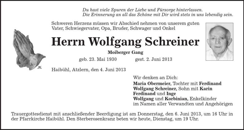 Traueranzeige Wolfgang Schreiner
