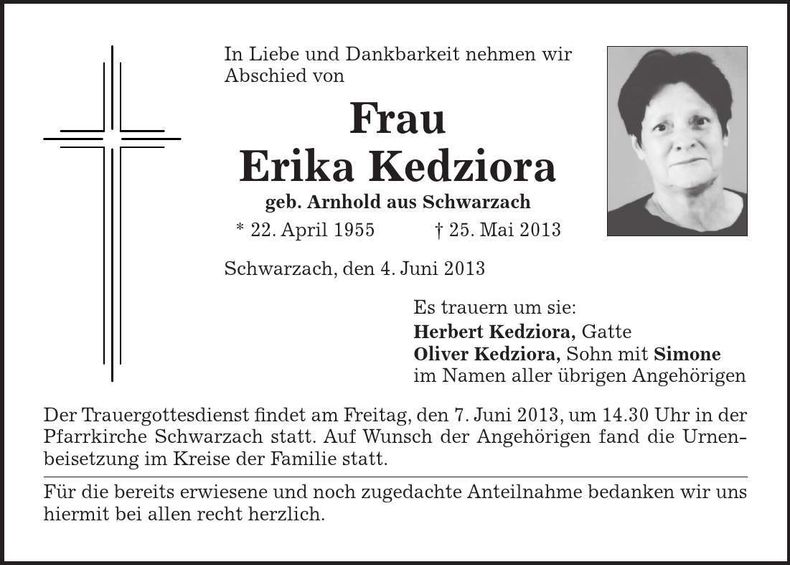 Traueranzeige Erika Kedziora