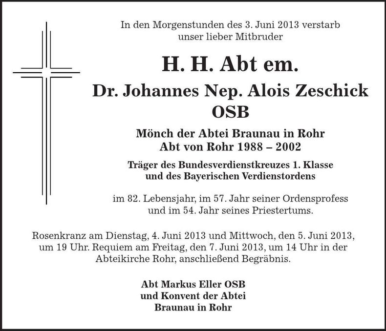 Traueranzeige Johannes Nep. Alois Dr. Zeschiclk OSB