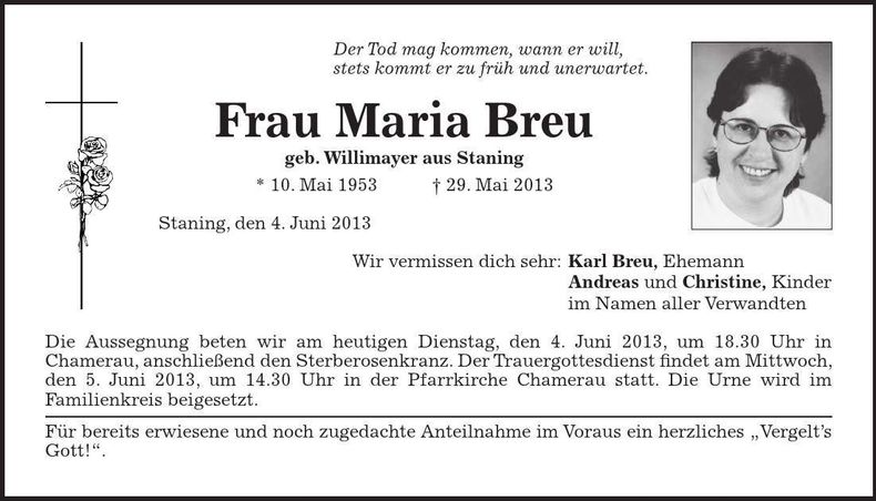 Traueranzeige Maria Breu