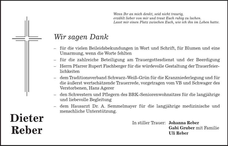 Traueranzeige Dieter Reber