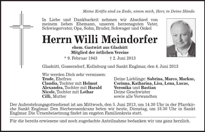 Traueranzeige Willi Meindorfer