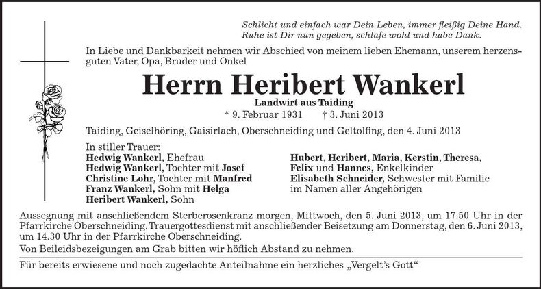 Traueranzeige Heribert Wankerl