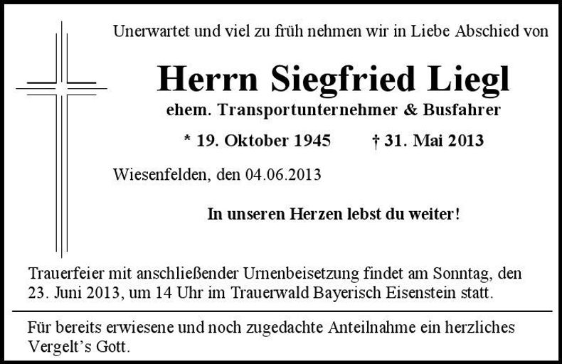 Traueranzeige Siegfried Liegl