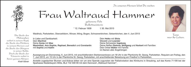Traueranzeige Waltraud Hammer
