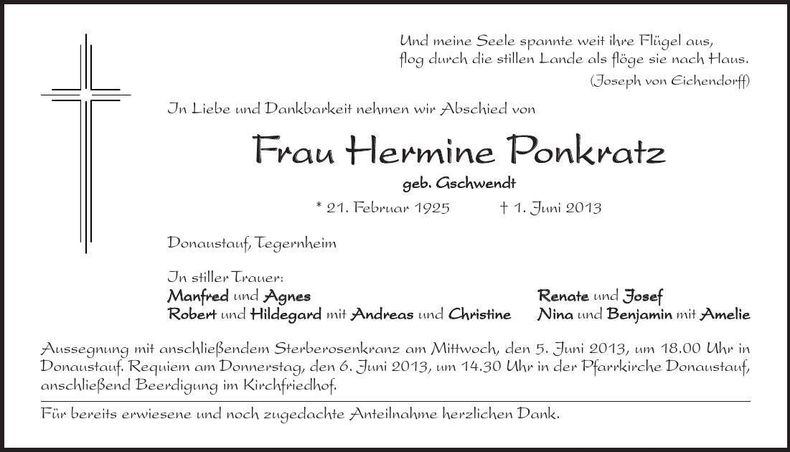 Traueranzeige Hermine Pongratz