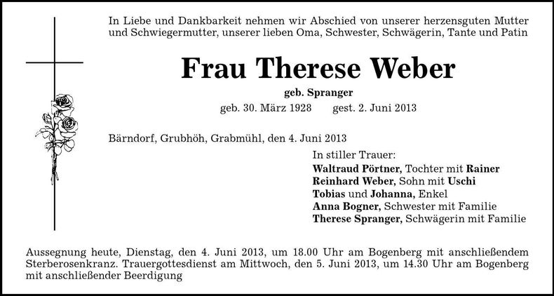 Traueranzeige Therese Weber