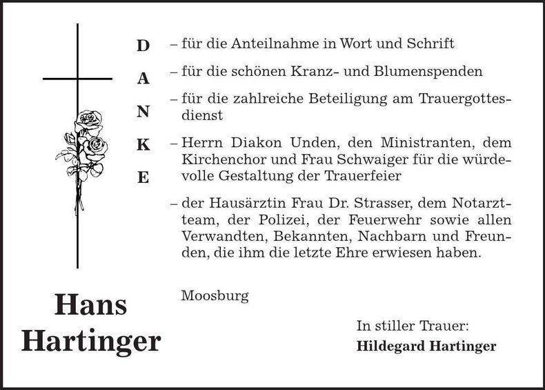 Traueranzeige Hans Hartinger
