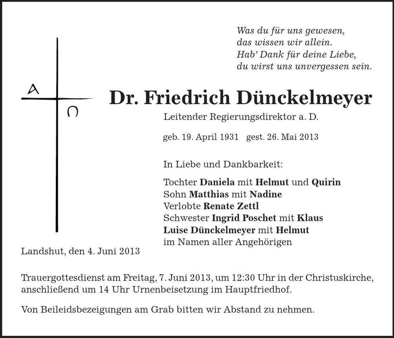 Traueranzeige Dr. Friedrich Dünckelmeyer