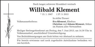 Traueranzeige Willibald Klement