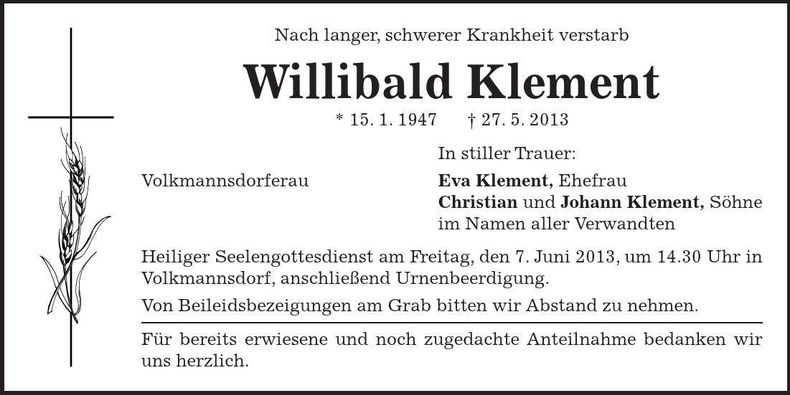 Traueranzeige Willibald Klement