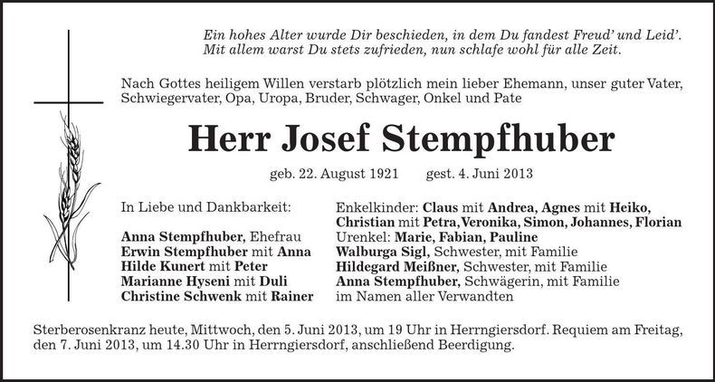 Traueranzeige Josef Stempfhuber
