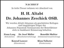 Traueranzeige H. H. Altabt Dr. Johannes Zeschick