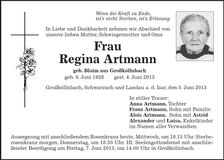 Traueranzeige Regina Artmann