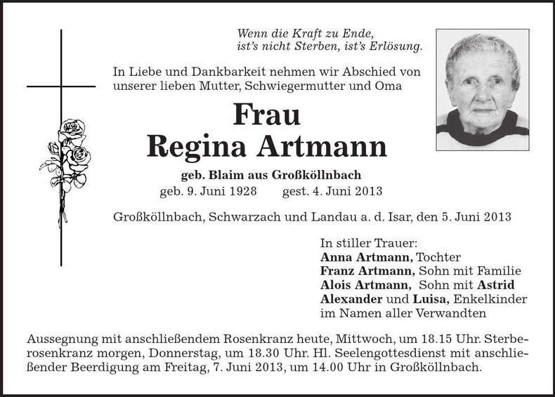 Traueranzeige Regina Artmann