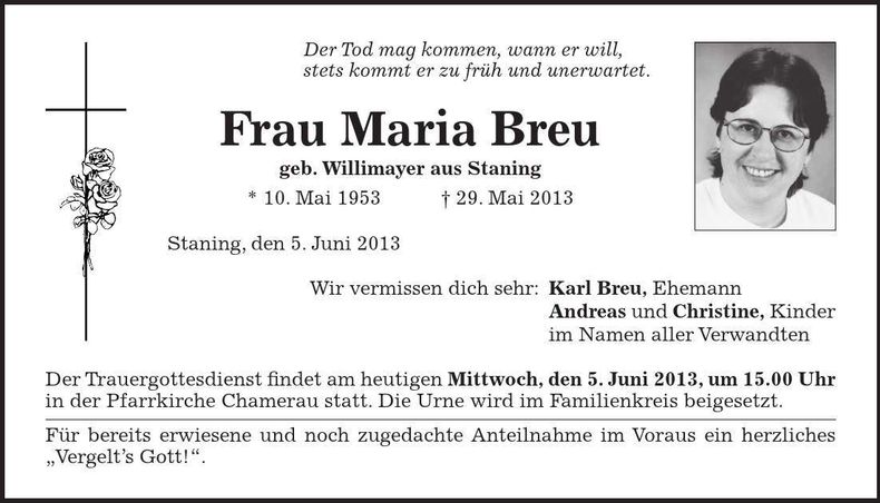 Traueranzeige Maria Breu