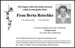 Traueranzeige Berta Reischke