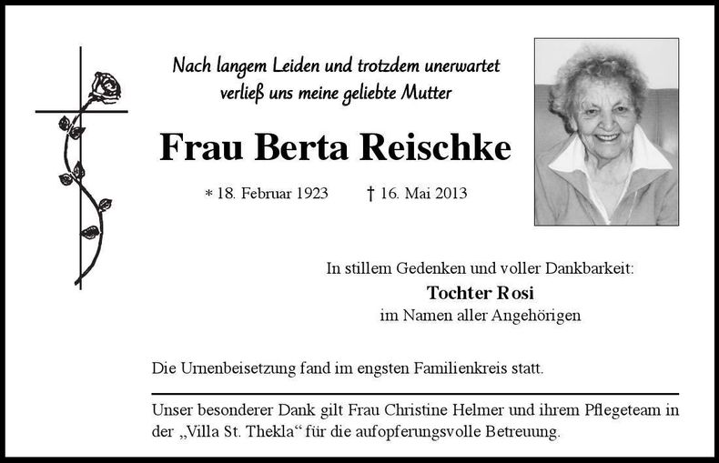Traueranzeige Berta Reischke