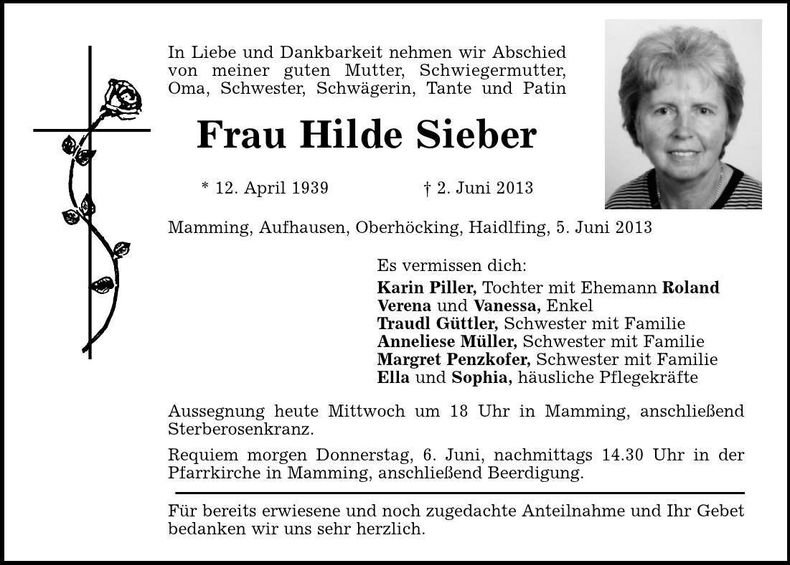 Traueranzeige Hilde Sieber
