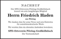Traueranzeige Friedrich Haden