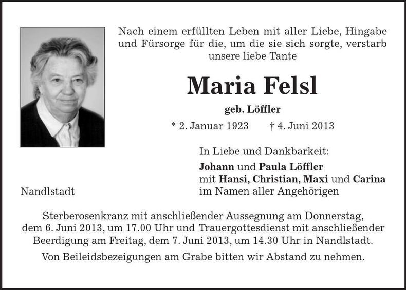 Traueranzeige Maria Felsl