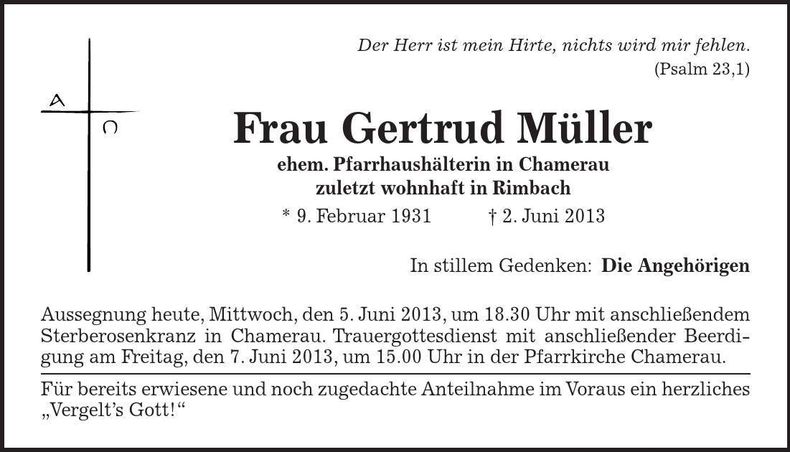 Traueranzeige Gertrud Müller