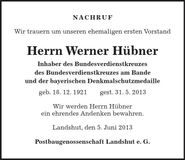 Traueranzeige Werner Hübner