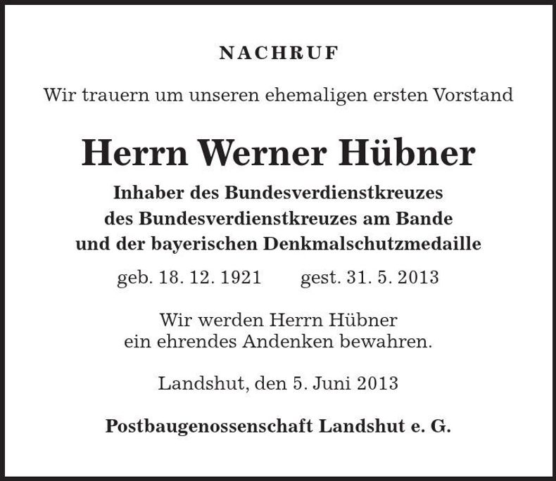 Traueranzeige Werner Hübner