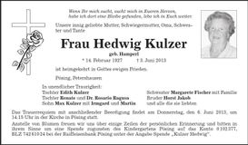 Traueranzeige Hedwig Kulzer