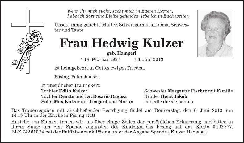 Traueranzeige Hedwig Kulzer