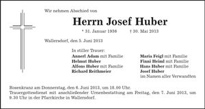 Traueranzeige Josef Huber