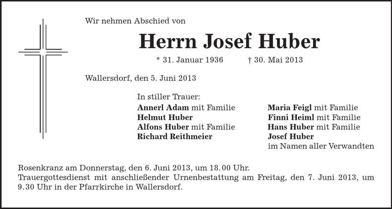 Traueranzeige Josef Huber