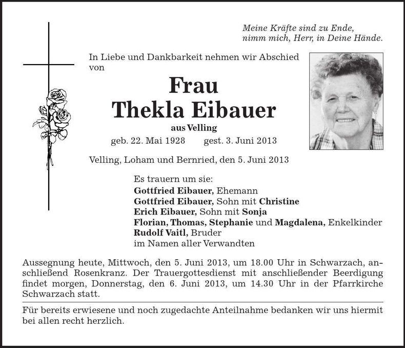 Traueranzeige Thekla Eibauer