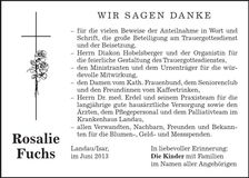 Traueranzeige Rosalie Fuchs