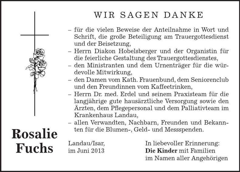 Traueranzeige Rosalie Fuchs