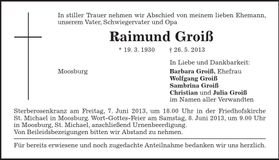 Traueranzeige Raimund Groiß