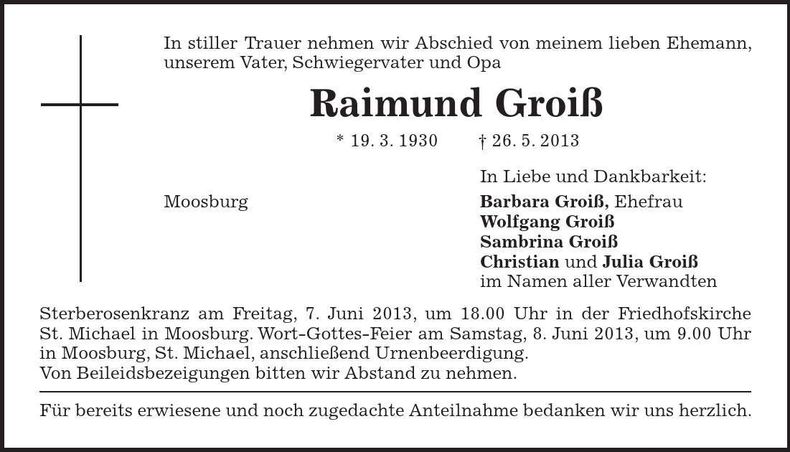 Traueranzeige Raimund Groiß