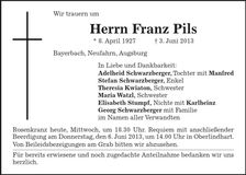 Traueranzeige Franz Pils