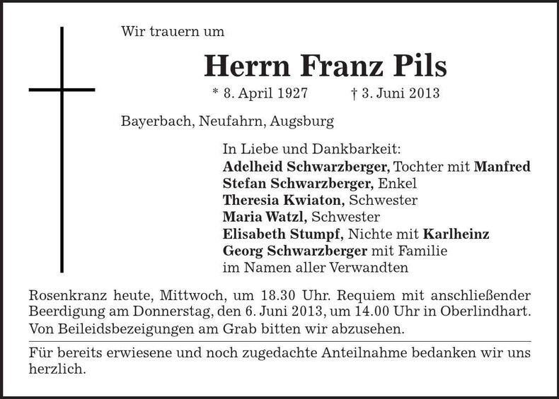 Traueranzeige Franz Pils