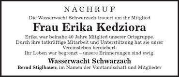 Traueranzeige Erika Kedziora