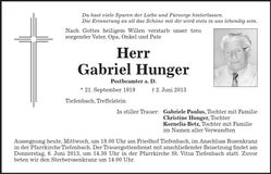 Traueranzeige Gabriel Hunger
