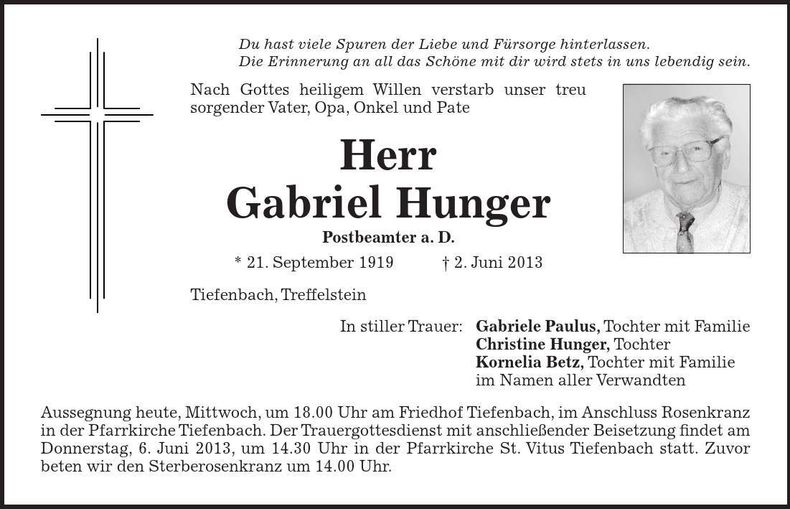 Traueranzeige Gabriel Hunger