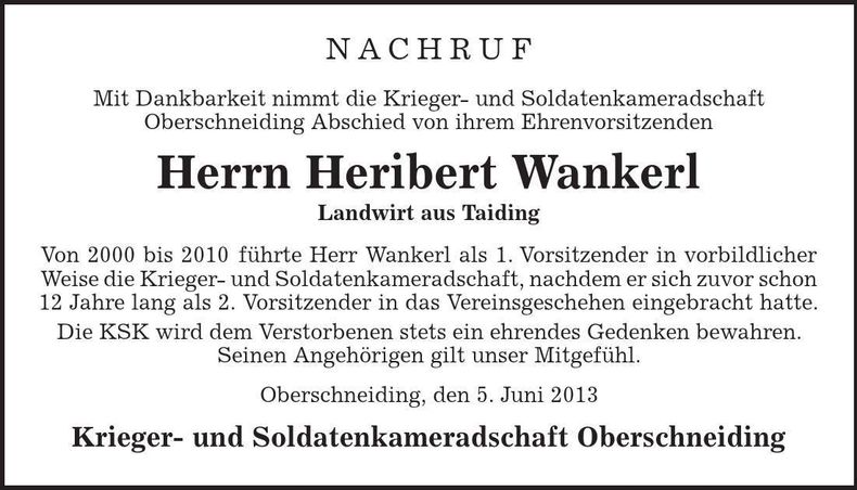 Traueranzeige Heribert Wankerl