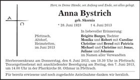 Traueranzeige Anna Bystrich