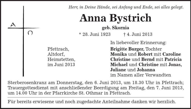 Traueranzeige Anna Bystrich