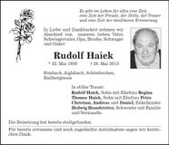 Traueranzeige Rudolf Haiek
