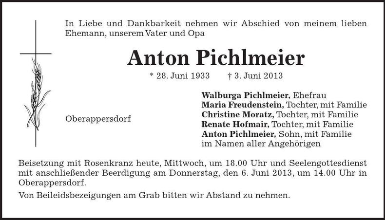 Traueranzeige Anton Pichlmeier