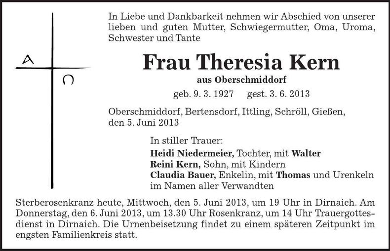 Traueranzeige Theresia Kernz